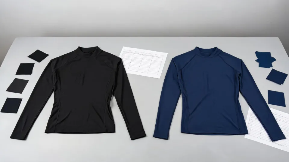 Two rash guard samples with blank comparison notes