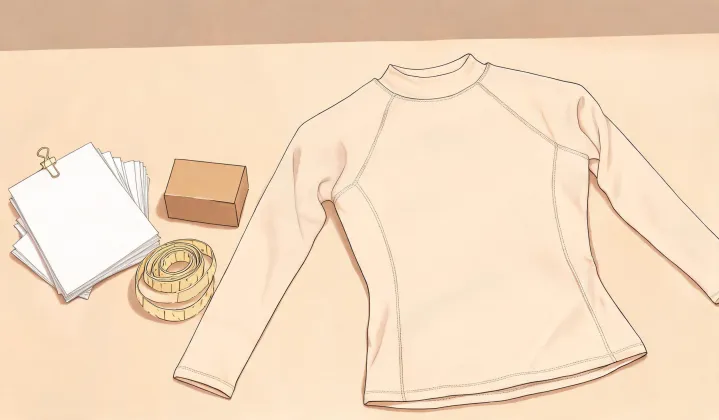 Illustrated rash guard purchasing brief with garment and parcel symbols