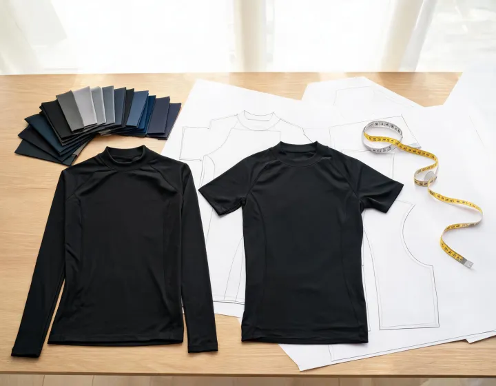 Rash guard panels and size specifications on a garment development desk