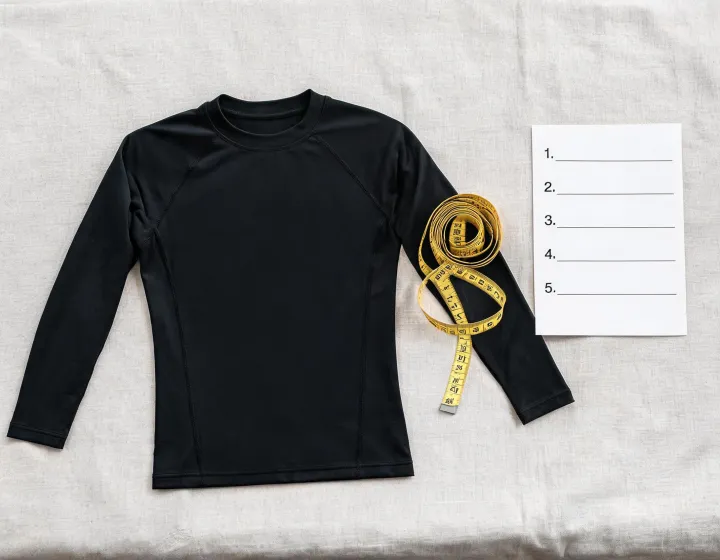 Rash guard sample beside a sizing checklist